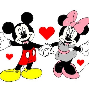 May include: Mickey Mouse and Minnie Mouse holding hands with red hearts around them. They are both smiling and looking at each other.