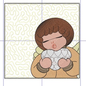 May include: A brown-haired angel with wings is holding a white heart with smaller hearts on it. The angel is wearing a brown coat and has a pink blush on its cheeks. The background is a yellow and white pattern.