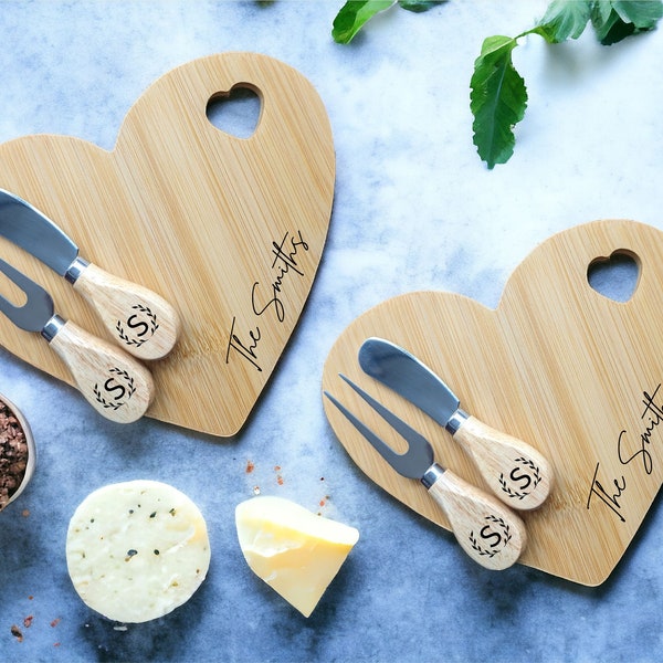 Mini Charcuterie Serving Board with Cheese  Fork Cheese Knife Personalized Heart Shaped Bamboo cheese board Newly wed couple gift engraved
