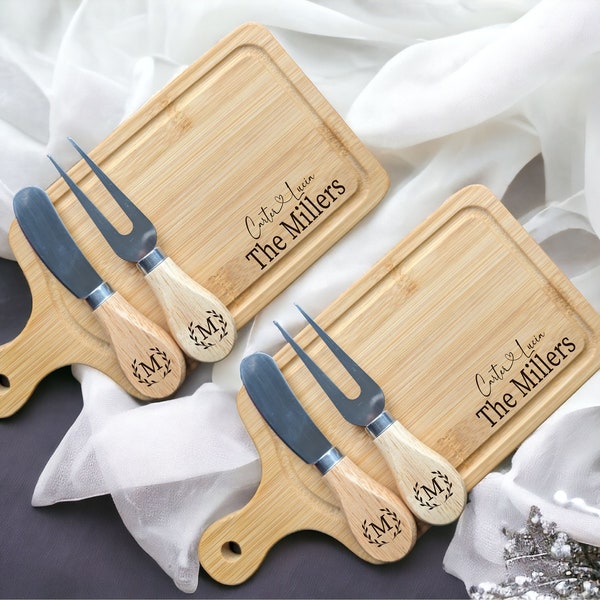 Mini Cheese Serving Board with Cheese  Fork Cheese Knife Personalized  rectangle Bamboo charcuterie  board Newly wed couple gift engraved