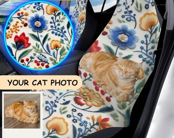 Custom Flowers Car Seat Cover Faux Embroidery Personalized Cat Photo Boho Floral Cottagecore Car Gift For Cat Mom Cat Lover Mothers Day Gift