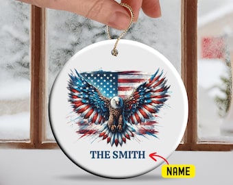 Custom 4th Of July Ornament Eagle With American Flag Christmas Decoration Gift Eagle Through Flag Fourth Of July 4th USA Personalize Name