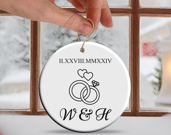 Custom Roman Numeral Anniversary Date Ornament Circle Engagement Gift For Couple Gift Just Engaged 1st Anniversary Personalized Date Initial