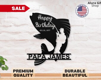 Happy Fishing Sign Birthday Gift for Men Fish Wall Decor Fishing Dad Gift Bass Fishing Metal Wall Decor Bass Fish Sign Bass Fishing Wall Art