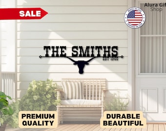 Metal Gate Name Sign Custom House Entry Metal Sign Family Name Sign Est Year Western Texas Cowboy Longhorn Skull Fathers Day Gift for Him