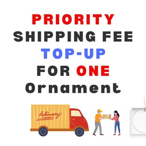 May include: Image with text: PRIORITY SHIPPING FEE TOP-UP FOR ONE Ornament. A red delivery truck with a yellow cargo area. Two people are exchanging a package. A white ornament is in a square box.