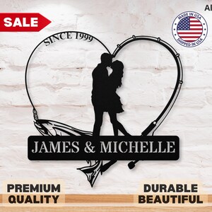 Custom Fishing Metal Sign Kissing Couple Heart Fishing Wedding Gift Metal Art Fishing Anniversary Gifts for Boyfriend Fishing Gift for Her
