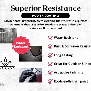 Pode incluir: Um gr&aacute;fico que mostra os benef&iacute;cios do revestimento em p&oacute; do a&ccedil;o. Os benef&iacute;cios incluem resist&ecirc;ncia &agrave; &aacute;gua, resist&ecirc;ncia &agrave; ferrugem e &agrave; corros&atilde;o, durabilidade, ideal para uso interno e externo, acabamento atraente e ecol&oacute;gico do que a tinta. O gr&aacute;fico tamb&eacute;m inclui imagens de gotas de &aacute;gua em uma superf&iacute;cie e uma pessoa aplicando um revestimento em uma superf&iacute;cie.