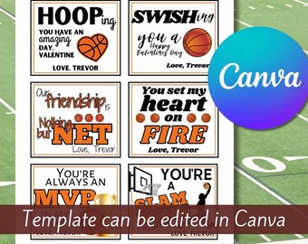 Valentine Party Cards, Printable Basketball Cards, Sports Valentine Party Tags, Editable Canva Template, Instant Download