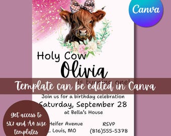 Holy cow birthday invitation, Canva template, Birthday party invite, Custom template, Cow Template, Holy Cow Birthday, Highland Cow Party