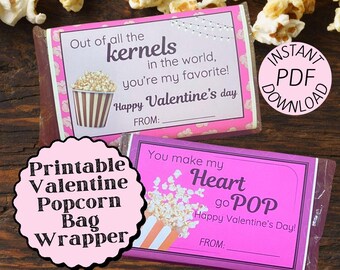 Pink Valentine Popcorn Bag Wrapper – Printable Valentine’s Day Party Favor | DIY Valentine Gift Idea | Classroom Treat | Instant Download