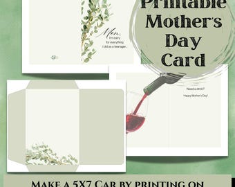 Mother’s Day Card Printable with Matching Envelope | 5x7 Folded Card | Print at Home | Instant Download | Funny Cards | Card for Mom