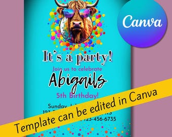 Highland Cow Party Invitation, Canva Template, Editable Invite,