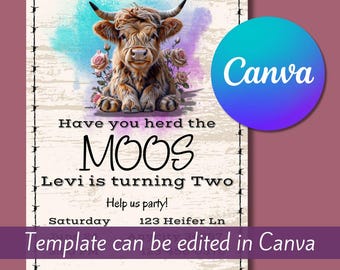 Highland Cow Party Invitation, Canva Template, Have you herd the Moos, Cow Puns, Editable Birthday Invitation, Cow Party