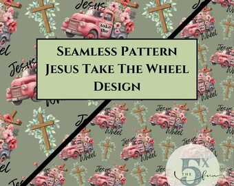 Jesus Take The Wheel Seamless Pattern, Christian Background Pattern, Pink Pick-up truck Cute Religious Background Christian Seamless pattern