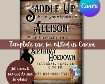 Rustic Western Invitation Template | DIY Canva Template | Cowboy cowgirl Party Decor, Wild West Invitation | Customizable Western Invite