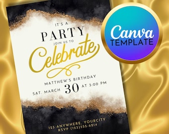 Elegant Party invitation, Canva Template, Black and Gold Invitation, Editable Birthday Invitation, Adult Party Invitation
