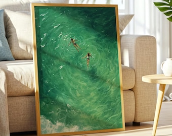 Green Abstract Swimming Art Print, Minimalist Green Decor, Vintage Retro Wall Art, Two Swimmers Painting, Modern Decor, Digital Download