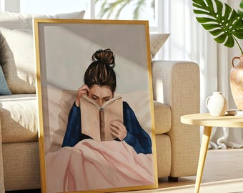 Woman Reading in Bed Poster, Book Lover Printable Wall Art , Cozy Reading Nook Decor, Retro Girly Bedroom Print, Whimsical Library Aesthetic