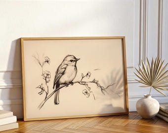Vintage vogel schets print, minimalistische lente afdrukbare, natuur lijntekening, rustieke boerderij beige decor, afdrukbare kunst, digitale download