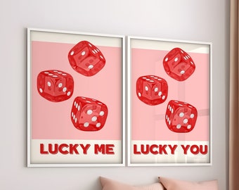 Set van 2 print, Lucky Me You Dice muurkunst, rode dobbelstenen afdrukbare, trendy poster, retro muurkunst, esthetisch decor, barwagen kunst, digitale print