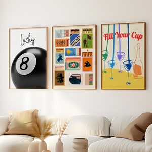 Set Of 3 Trendy Prints, Matchbox Print, Vintage Matchbook Wall Art, Fill Your Cup, Wine Poster, Retro Bar Cart Wall Art, Pool Ball Print.