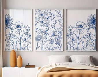 Blauwe botanische set van 3 prenten, minimalistische muurkunst, galerijmuurset, bloemkunst aan de muur, afdrukbare muurkunst, modern interieur, blauwe muurkunst