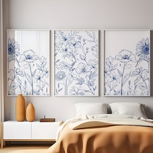 Blue Botanical Set of 3 Prints, Minimalist Wall Art, Gallery Wall Set, Flower Wall Art, Printable Wall Art, Modern Home Decor, Blue Wall Art