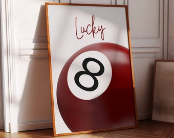 Vintage Pool Ball Print, Lucky 8 Ball Wall Art, Red Pool Ball Poster, Trendy Digital Art Print, Printable Wall Art, Retro Bar Cart Poster.