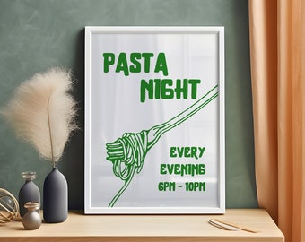 Pastaavondposter, spaghettimuurkunst, Italiaans eten muurkunst, voedselprint, moderne keukendecor, pastaprint, retro muurkunst, pastaliefhebber.