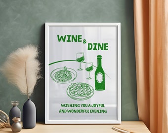 Impresión de vino y cena, arte mural de comida retro, impresión digital, impresión de vino vintage, impresión moderna de mediados de siglo, decoración de galería de pared de cocina moderna.