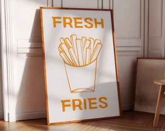 French Fries Print, Retro Kitchen Wall Art, Printable Wall Art, Girly Preppy Dorm Room Decor, Retro Painting, Digital Download