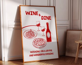 Impresión de vino y cena, arte mural de comida retro, impresión digital, impresión de vino vintage, impresión moderna de mediados de siglo, decoración de galería de pared de cocina moderna, rojo.