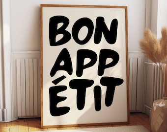 Póster Bon Appetit, impresión tipográfica, impresión de cocina maximalista, arte de pared de cocina negra, póster de comedor de moda, arte de pared imprimible.