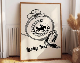 Retro Cowboy Poster, Western Print, Horseshoe Poster, Western Wall Art, Cowboy Hat Print, Horseback Riding Poster, Digital Download 1 Print.