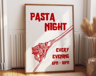 Pasta nacht poster, spaghetti kunst aan de muur, Italiaans eten kunst aan de muur, voedsel print, moderne keuken decor, pasta print, retro kunst aan de muur, pastaliefhebber