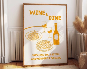 Impresión de vino y cena, arte mural de comida retro, impresión digital, impresión de vino vintage, impresión moderna de mediados de siglo, decoración de galería de pared de cocina moderna.