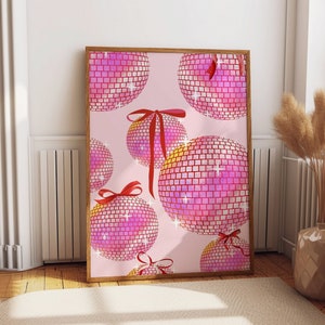 Trendy Disco Coquette Bow Print, Preppy Pink Disco Balls, Aesthetic Dorm Room Decor, Bachelorette Poster, Maximalist Art, Printable Wall Art