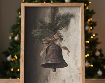Rustic Christmas Bell Print | Vintage Holiday Wall Art | Neutral Winter Decor | Antique Christmas Printable | Farmhouse Digital Download