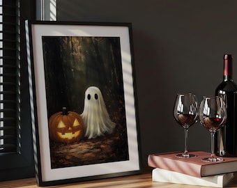 Impresión de bosque oscuro con fantasmas, arte de pared de Halloween vintage imprimible, impresión de cottagecore oscuro, arte rústico de granja, decoración de academia oscura