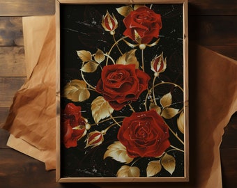 Moody Red Rose Painting | Vintage Art Print | Flower Print | Dark Floral Print | Farmhouse Decor | Printable Wall Art | Digital Download