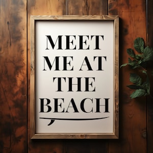 Meet Me At The Beach Print, Modna nadmorska sztuka ścienna, Czarny plakat typograficzny, Dekoracja domu na plaży, Sztuka ścienna oceanu, Estetyczne materiały dekoracyjne do druku