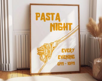 Pastaavondposter, spaghettimuurkunst, Italiaans eten muurkunst, voedselprint, moderne keukendecor, pastaprint, retro muurkunst, pastaliefhebber.