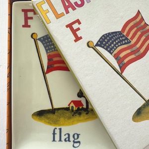 May include: A set of flashcards with a patriotic theme. The box features the word "FLASHCARDS" in colorful letters and an illustration of an American flag. The cards inside show a flag illustration and the word "flag".