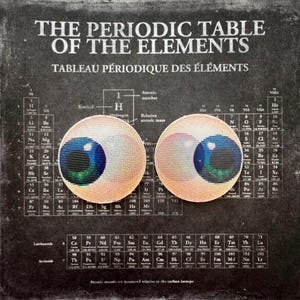 May include: Two round, eye-shaped objects with blue and green irises are displayed against a backdrop of the periodic table of elements. The text "THE PERIODIC TABLE OF THE ELEMENTS" is visible at the top.