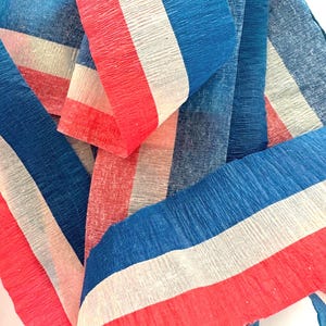 May include: Close-up of red, white, and blue crepe paper streamers. The paper has a textured, crinkled appearance. The streamers are arranged in a layered, overlapping pattern, with the colors of the French flag.