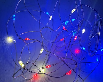 10 Feet Red White and Blue LED Fairy Lights, Patriotic Decor, Tree Lights