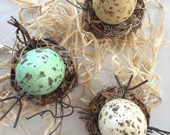 3 Natural Speckled Eggs in Twig and Moss Nests Spring or Easter Decor