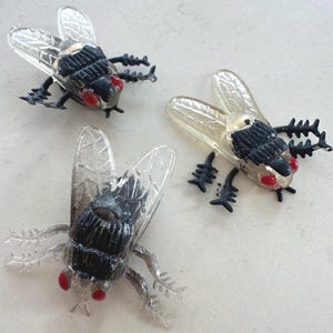 3 Vintage Rubber Plastic Fake Flies, Halloween Assemblage, Miniature Insects, Craft Supply
