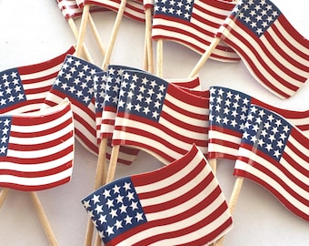 Paper Flag Cupcake Toppers with Wood Picks, Party Decor, Craft Supply, 4th of July